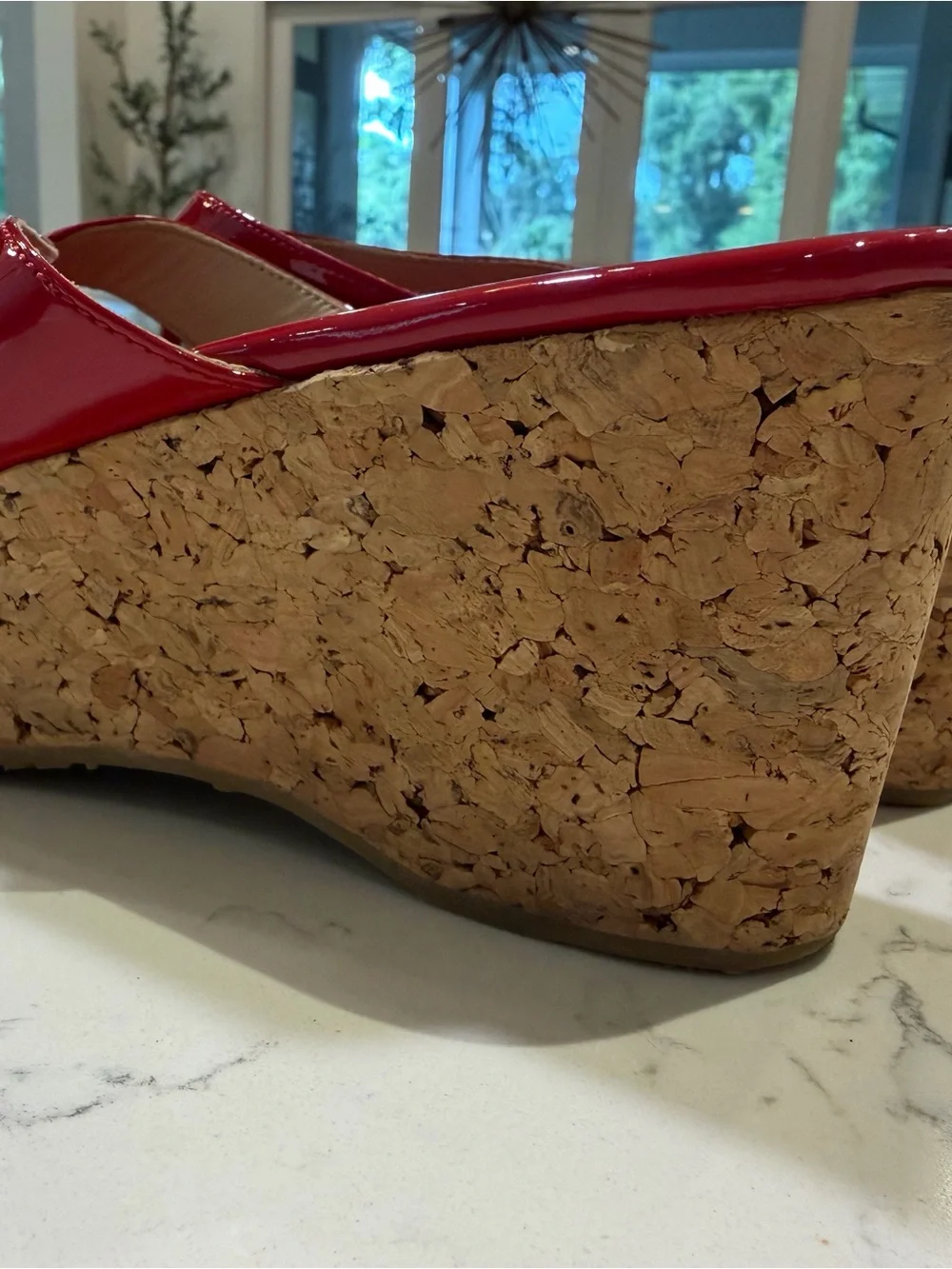 Jimmy Choo Pathos Red Patent Leather Cork Wedge Thong Sandals
